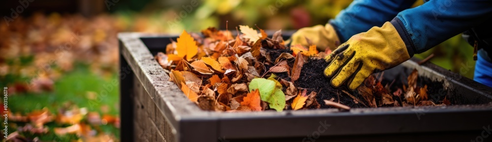 Hands in Soil: Gardener in Gloves Tends to Garden, Digging Amidst Leaves and Dirt Hands in Soil: Gardener in Gloves Tends to Garden, Digging Amidst Leaves and Dirt