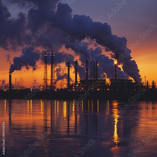 Industrial Factory Emissions at Sunset Reflection