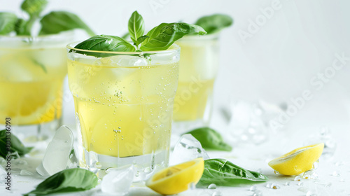 Glasses of tasty cold lemonade with basil on white background