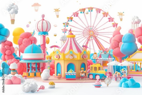 A whimsical summer fair, with 3D characters enjoying carnival rides, cotton candy stands, and a ferris wheel towering in the background