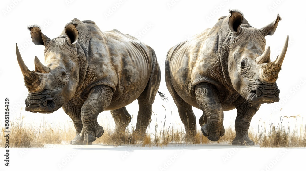 Obraz premium Two rhinos are walking in the grass