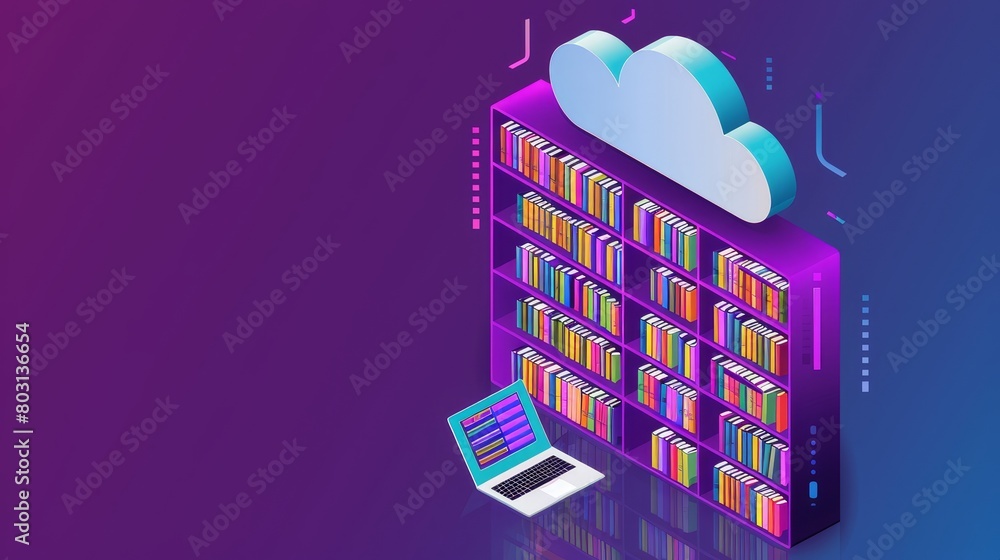 Modern illustration of an online digital library. A virtual cloud shelf ...