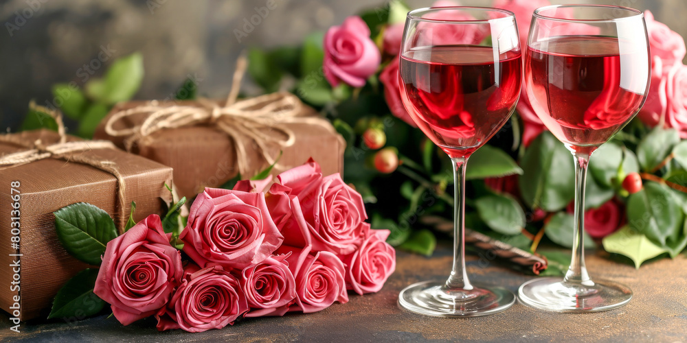 An intimate setting featuring red wine glasses and a bouquet of roses, perfect for a romantic celebration An intimate setting featuring red wine glasses and a bouquet of roses, perfect for a romantic celebration