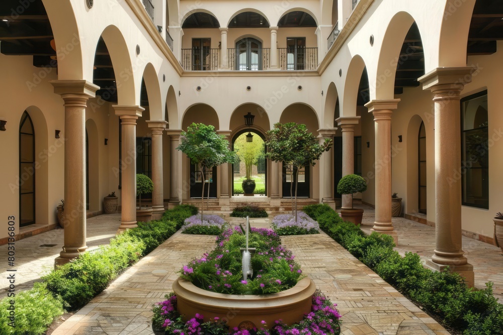 A serene courtyard with perfectly symmetrical archways bathed in soft, natural light