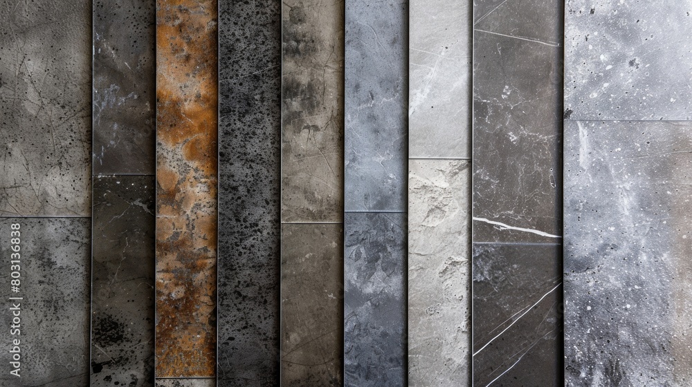 A series of patterned tiles that resemble the smooth and polished surface of granite in varying shades of gray.. A series of patterned tiles that resemble the smooth and polished surface of granite in varying shades of gray..