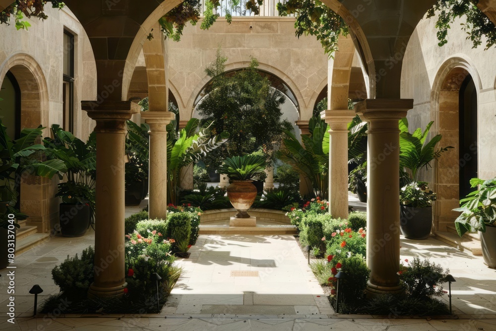 A serene courtyard with perfectly symmetrical archways bathed in soft, natural light