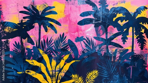 Tropical vintage wallpaper with palm trees. Colorful abstract background with grunge textures