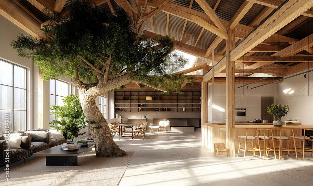 3d rendering, modern interior design of an open space office with a kitchen area, large windows and high ceilings, light colored walls, wooden ceiling beams, modern furniture, indoor tree 3d rendering, modern interior design of an open space office with a kitchen area, large windows and high ceilings, light colored walls, wooden ceiling beams, modern furniture, indoor tree
