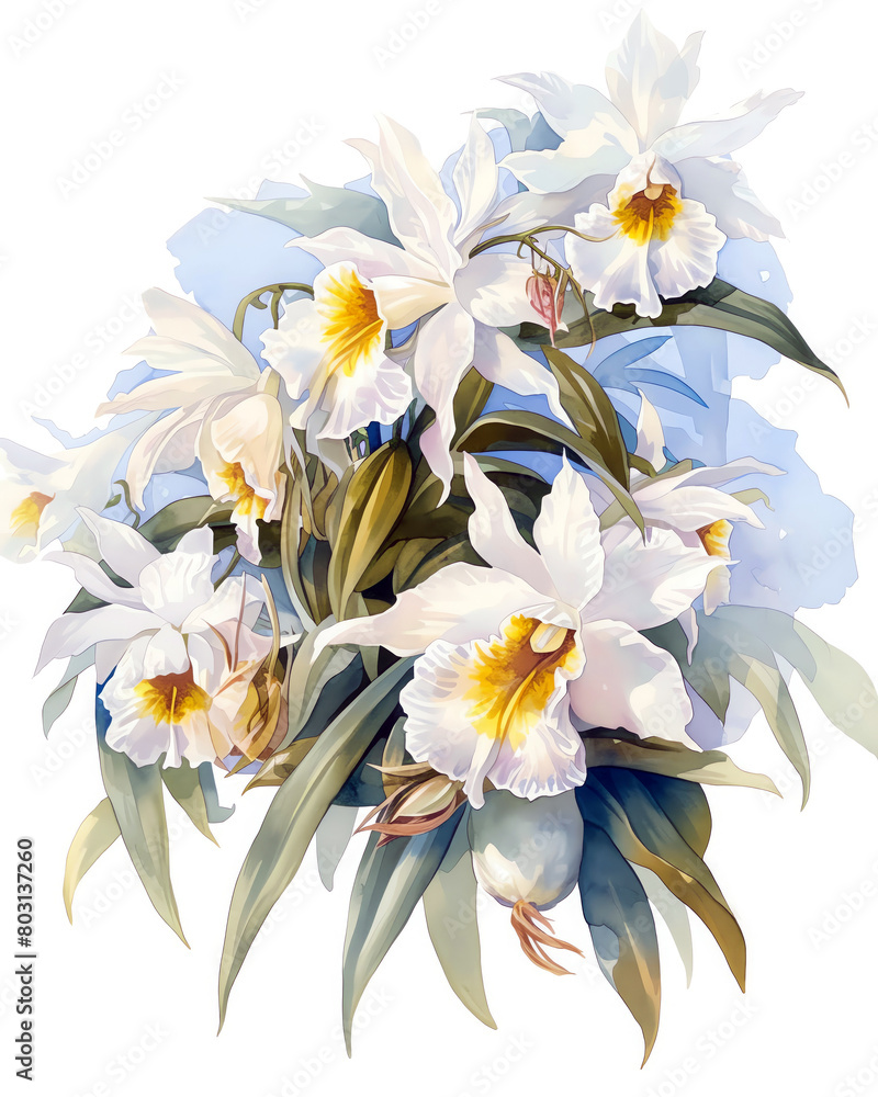 Coelogyne cristata, cascading white blooms, frosty watercolor, icethemed display, watercolor, isolate.