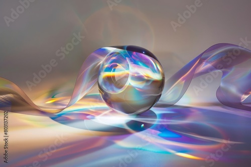 A holographic ribbon flutters  smoothly wrapping around a transparent ball in the center. The ribbon  created from light  emits a variety of colors  forming elegant patterns in the air.