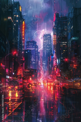 City skyline with skyscrapers under a purple night sky during a lightning storm