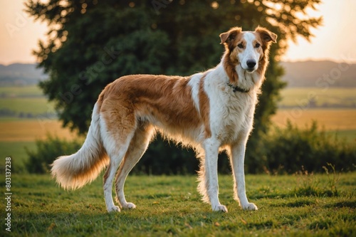 full body of Borzoi dog on blurred countryside background  copy space