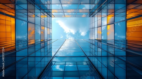 Modern Corporate Office Building with Reflective Glass Facade and Ethereal Sky