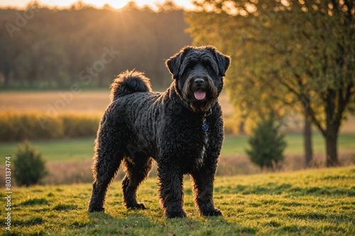 full body of Bouvier des Flandres dog on blurred countryside background, copy space photo
