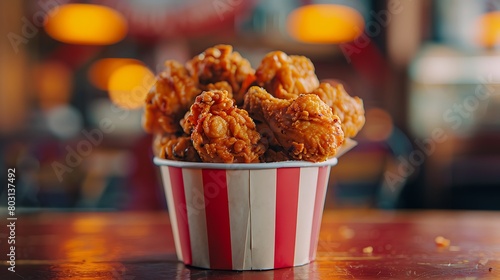 The irresistible sight of a paper bucket filled with piping hot fried chicken, ready to be devoured photo