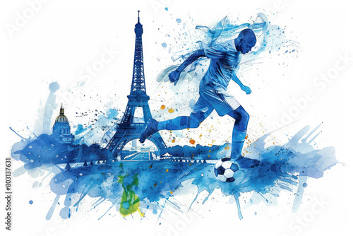 Blue watercolor painting of soccer player in action by eiffel tower © Ema