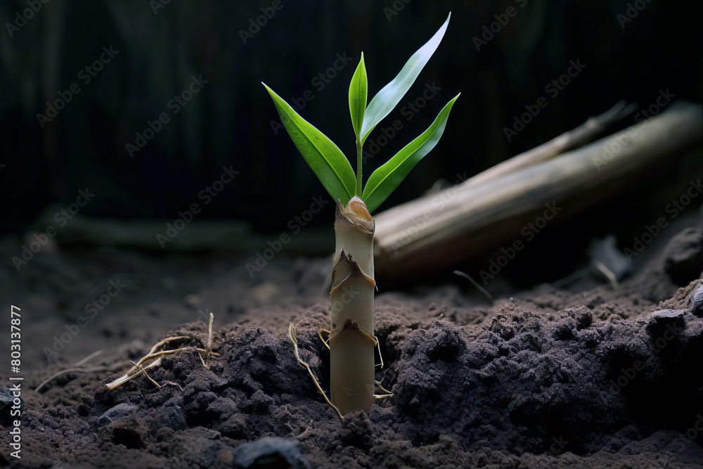 Detailed image of a young Bambusa bamboo shoot sprouting in the moist ...