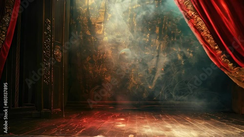 Red velvet stage curtains parting to reveal dramatic, empty wooden with atmospheric lighting and smoke photo