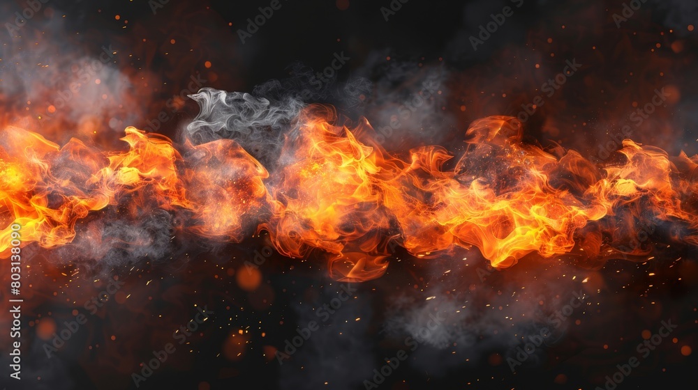 The realistic fire with smoke is isolated on a transparent background. A mockup of a flame border, a burning blaze with smoke and sparks. The wall is taken from a flame with ember components and The realistic fire with smoke is isolated on a transparent background. A mockup of a flame border, a burning blaze with smoke and sparks. The wall is taken from a flame with ember components and