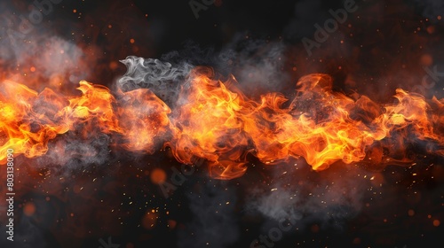 The realistic fire with smoke is isolated on a transparent background. A mockup of a flame border, a burning blaze with smoke and sparks. The wall is taken from a flame with ember components and