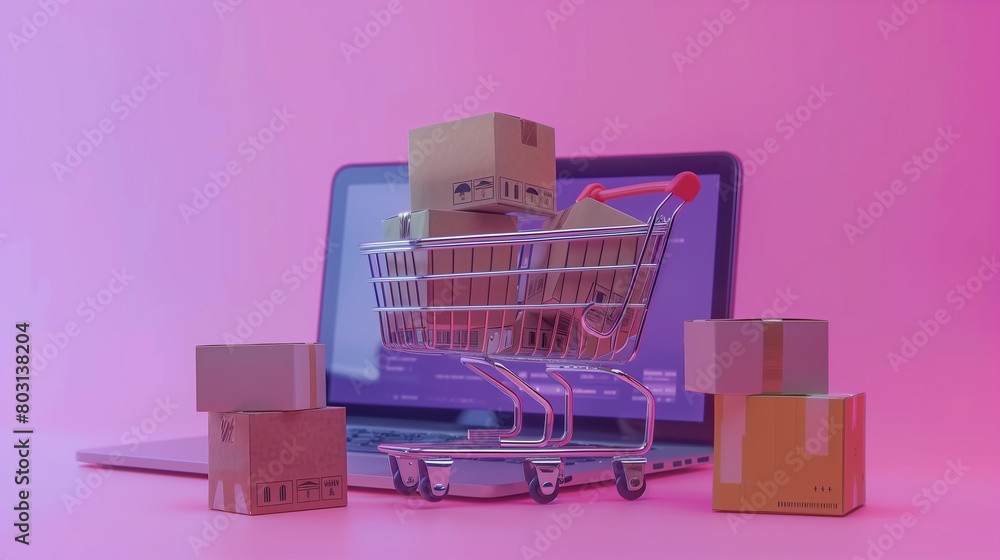 A visual representation of online shopping, featuring a laptop with a shopping cart on top containing numerous boxes.