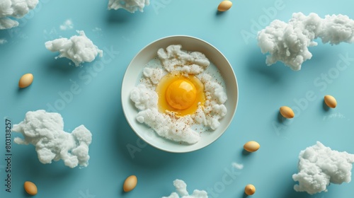 Creative representation of cracked eggshell as a bowl with yolk and cotton clouds on blue background photo