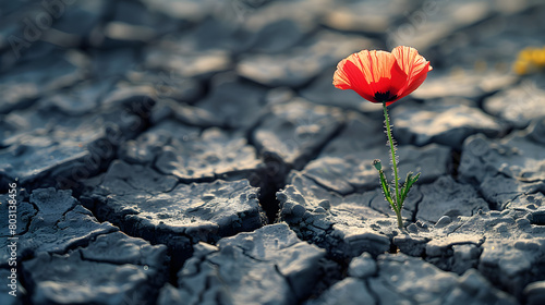 poppy flower broke through dry cracked earth