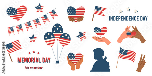 Set of objects for Memorial and Independence day. Vector flat illustration.