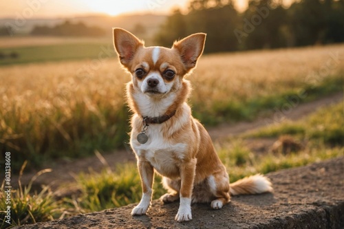 full body of Chihuahua dog on blurred countryside background, copy space