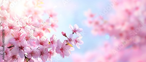 Horizontal banner with sakura flowers of pink color on sunny backdrop. Beautiful nature spring background with a branch of blooming sakura. Sakura blossoming season in Japan © Angs