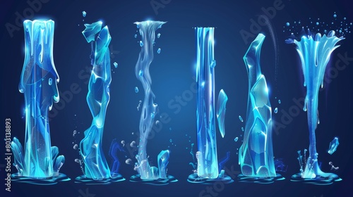 Set of water streams, isolated flow motion of pure liquid with drops and splashes. Dynamic visual effects such as liquid flowing in a stream, liquid flowing down a droplet, water flowing down a