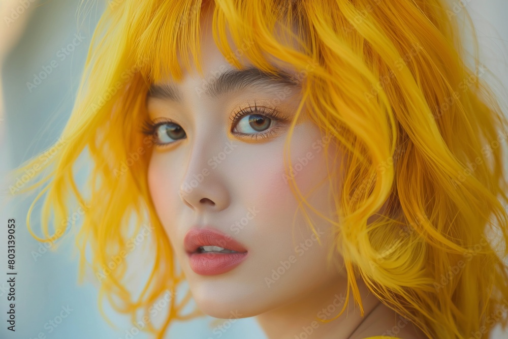 Vibrant close up of woman with intense yellow hair and striking eyes capturing thoughtful expression Vibrant close up of woman with intense yellow hair and striking eyes capturing thoughtful expression