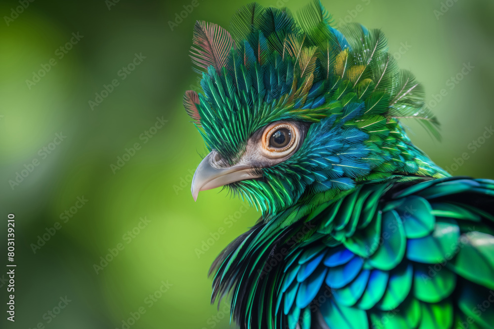 Quetzal . Close up of a colorful peafowl with feathers on its head. Generative AI Quetzal . Close up of a colorful peafowl with feathers on its head. Generative AI