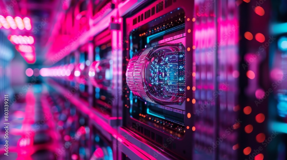 Advanced quantum computer in a high-tech data center illuminated by neon lights