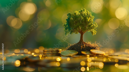 Close up of stacking gold coins with green bokeh background ,Business Finance and Money concept,Save money for prepare in the future.tree growing on coin