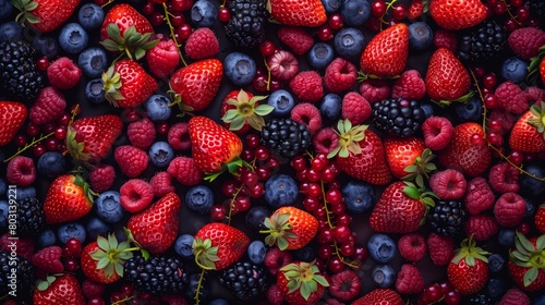 A vibrant assortment of fresh berries including strawberries, blueberries, and raspberries, closely packed together.