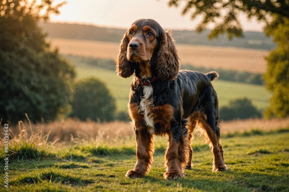 full body of English Cocker Spaniel dog on blurred countryside background, copy space full body of English Cocker Spaniel dog on blurred countryside background, copy space