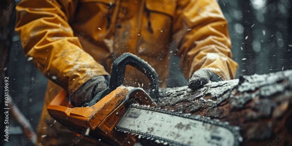 A professional worker in protective equipment is engaged in cutting down trees A professional worker in protective equipment is engaged in cutting down trees