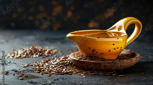 Gravy boat with flax oil and seeds on dark background photo