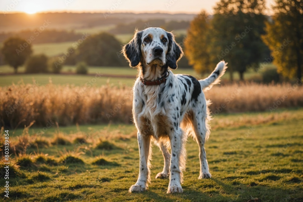 full body of English Setter dog on blurred countryside background, copy space full body of English Setter dog on blurred countryside background, copy space