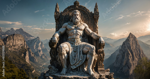 The majestic Statue of Zeus sits enthroned atop the craggy peak of Mount Olympus, Generative AI