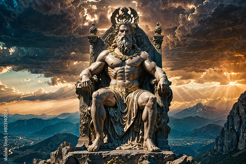 The majestic Statue of Zeus sits enthroned atop the craggy peak of Mount Olympus, Generative AI photo