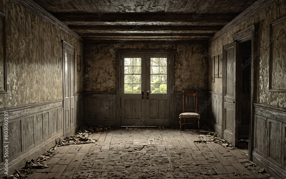 Obraz premium Living room of an abandoned house with walls weathered away by time, Generative AI