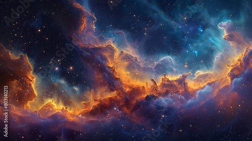 An artistic rendering of a Stellar Nursery, with abstract clouds of multicolored gas and twinkling stars emerging from chaos.