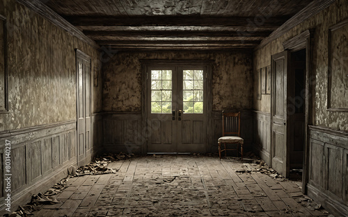 Living room of an abandoned house with walls weathered away by time, Generative AI