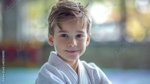 Happy caucasian boy at Judo or Karate training lesson. a 7-year-old boy in a martial arts class in a kimono