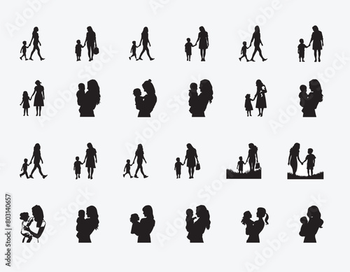 Silhouette set of a mother and son on white background