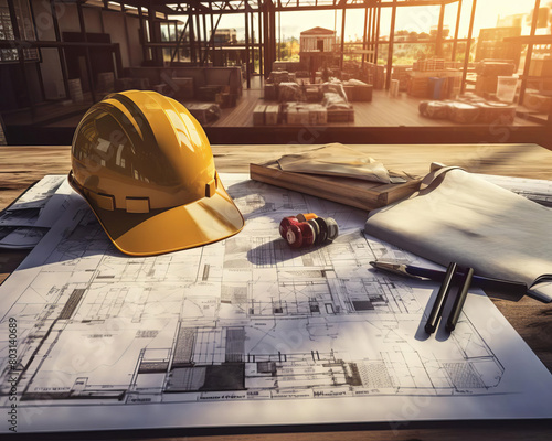 A detailed image of architectural plans, a hard hat, and construction tools laid out on a makeshift onsite desk photo