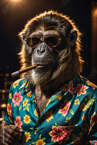 A monkey with groomed hair, wearing sunglasses and a shirt embroidered with flowers, smoking a cigar, Generative AI
