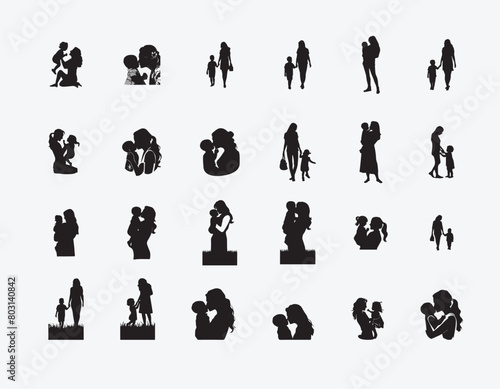 Silhouette set of a mother and son on white background